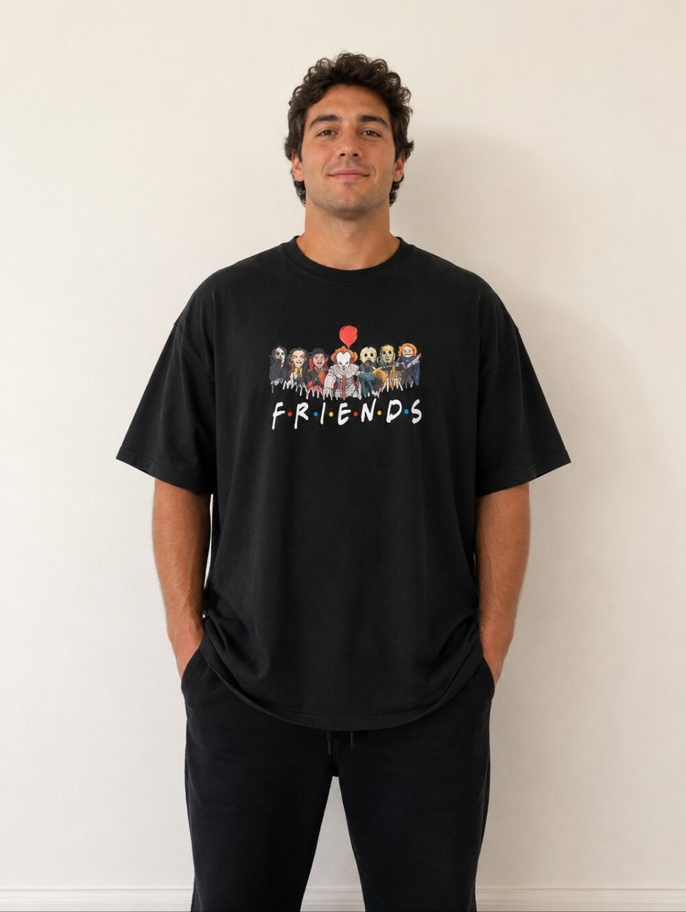 Friends Horror Characters Graphic Print T-shirt Size XL NWOT Black Halloween